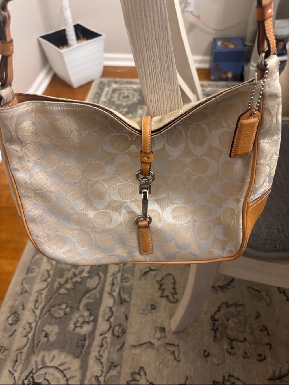 Vintage Coach Beige Signature Canvas Shoulder Bag with Tan Leather Trim